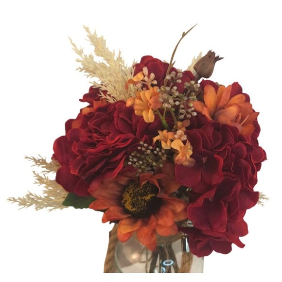 Artificial Fall Floral Bouquet Burgundy Hydrangeas & Orange Sunflowers | Rustic - Picture 3 of 15